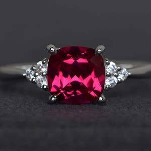 ruby engagement ring red gemstone ring cushion cut ruby ring sterling silver July birthstone ring image 1