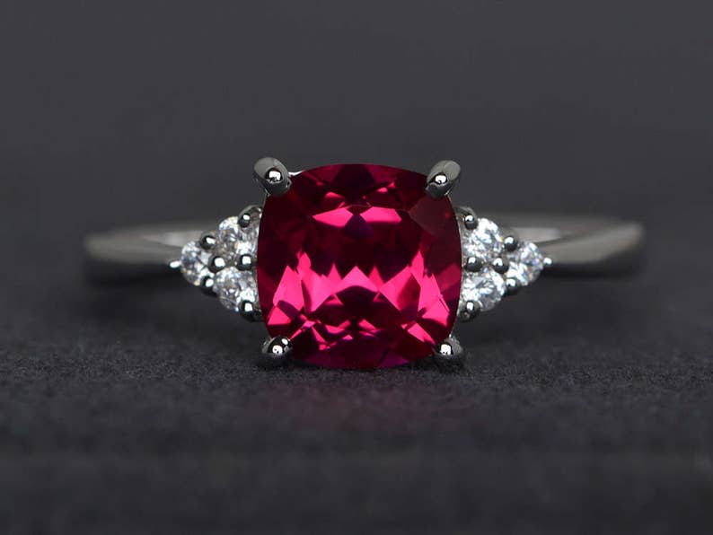 ruby engagement ring red gemstone ring cushion cut ruby ring sterling silver July birthstone ring image 1