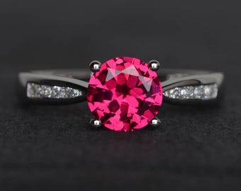 ruby engagement ring sterling silver red gemstone ring round cut July birthstone ring