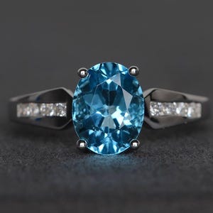 Swiss blue topaz ring engagement ring oval cut blue gemstone sterling silver ring