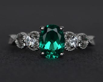 emerald ring sterling silver oval emerald engagement ring anniversary gift May birthstone ring green gemstone