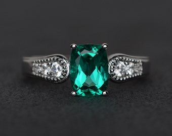 emerald ring silver green gemstone ring emerald engagement ring cushion cut
