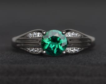 anniversary ring emerald ring round cut green gemstone May birthstone ring sterling silver ring