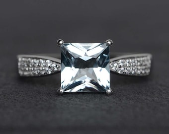 princess cut brilliant aquamarine ring engagement ring silver blue gemstone ring promise ring March birthstone