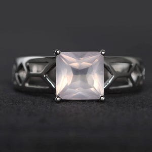 Solitärring natürlicher Rosaquarzring Verlobungsring Quadratschliff rosa Edelstein Sterlingsilberring