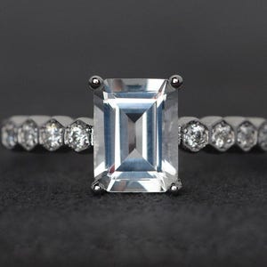 white topaz ring emerald cut silver gemstone ring