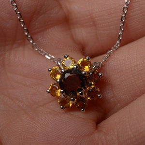 natural smoky quartz pendant sunflower shaped round cut sterling silver necklace family birthstone