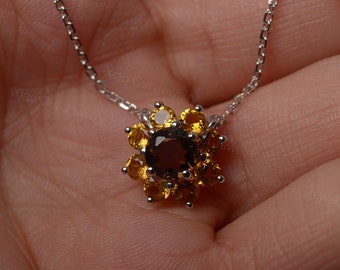 natural smoky quartz pendant sunflower shaped round cut sterling silver necklace family birthstone