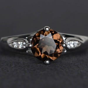 natural smoky quartz ring round cut ring engagement ring promise ring gemstone jewelry sterling sliver ring