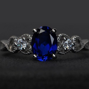 blue sapphire rings women engagement ring gemstone rings oval cut sterling silver 925 September birthstone ring
