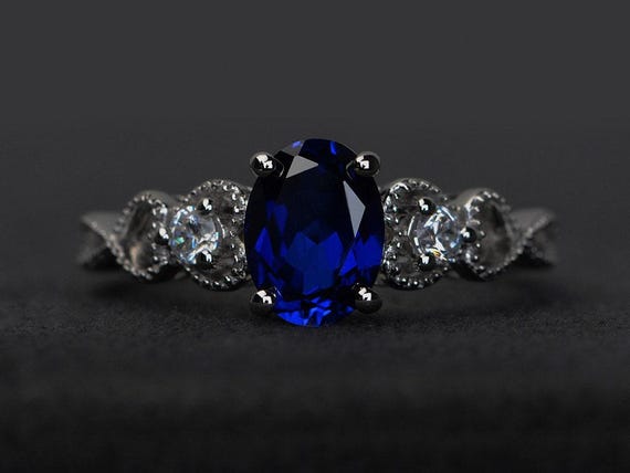 blue sapphire rings women engagement ring gemstone rings oval cut sterling silver 925 September birthstone ring