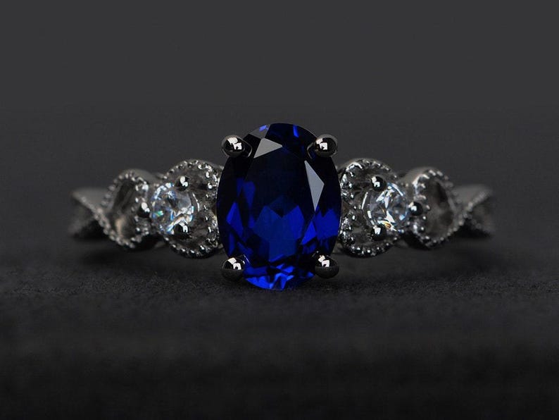 blue sapphire rings women engagement ring gemstone rings oval cut sterling silver 925 September birthstone ring image 1