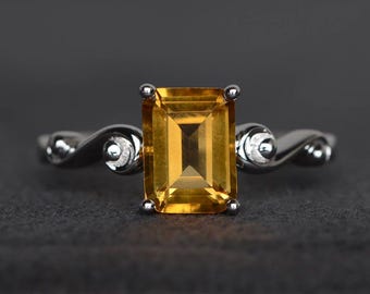 natural citrine ring November birthstone ring emerald cut gemstone sterling silver ring prong setting ring