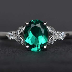 emerald ring emerald engagement ring green ring gemstone ring oval cut ring sterling silver ring May birthstone ring