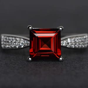 garnet ring square cut wedding engagement ring red gemstone ring silver ring January birthstone ring