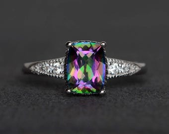 mystic topaz ring cushion cut engagement ring sterling silver ring rainbow topaz gemstone ring