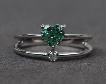 green sapphire ring white gold engagement ring heart cut green gemstone ring