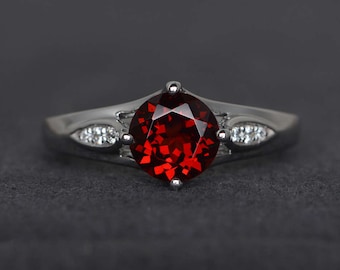 garnet engagement ring red garnet ring round cut wedding ring gemstone ring sterling silver ring