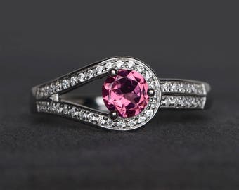 wedding ring natural pink tourmaline ring round cut pink gemstone sterling silver ring October birthstone