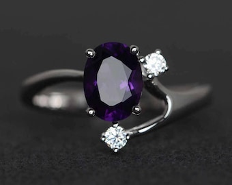 bague améthyste violette bague de fiançailles améthyste ovale bague pierre précieuse bague argent sterling pierre de naissance février bague trois pierres
