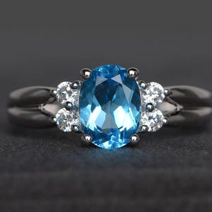 proposal ring Swiss blue topaz ring oval cut blue gemstone sterling silver ring