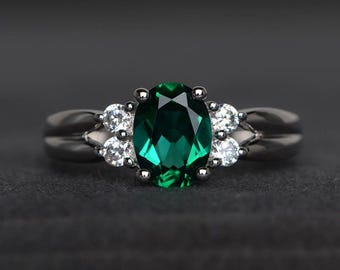 emerald ring engagement ring May birthstone ring oval cut green gemstone sterling silver ring
