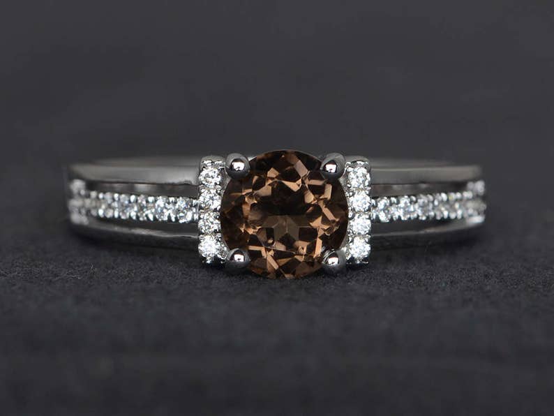 round cut smoky quartz ring smoky crystal ring brown gemstone ring engagement ring sterling silver ring