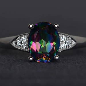 mystic topaz ring oval shaped engagement ring rainbow topaz ring sterling silver ring promise ring