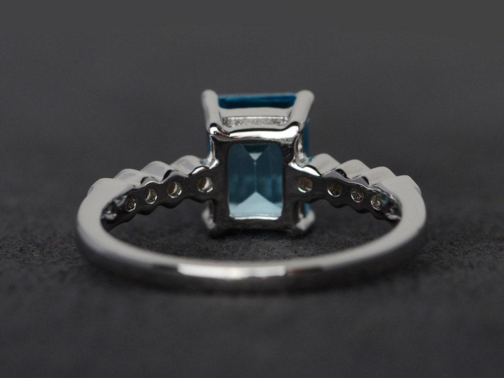 Swiss Blue Topaz Ring Emerald Cut Silver Blue Gemstone Ring Engagement ...