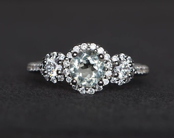 round cut genuine natural green amethyst ring wedding ring gemstone sterling silver ring