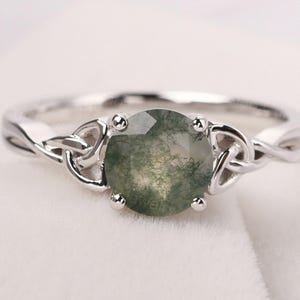 round shaped 7 mm natural moss agate ring sterling silver celtic knot ring for women