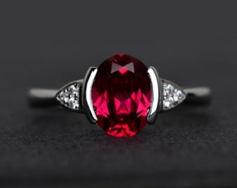red ruby ring oval cut silver ring red gemstone July birthstone ring