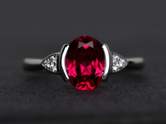 red ruby ring oval cut silver ring red gemstone July birthstone ring
