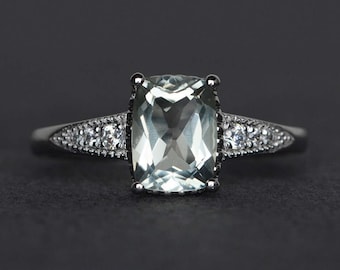 natural green amethyst ring cushion cut gemstone ring engagement promise ring silver