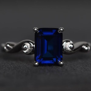 blue sapphire ring anniversary September birthstone blue gemstone sterling silver ring emerald cut gems
