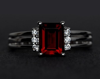 garnet ring silver emerald cut red garnet engagement ring wedding rings for her January birthstone ring