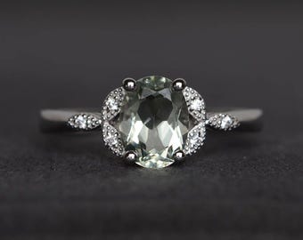 wedding ring natural green amethyst ring sterling silver ring oval cut gems green gemstone