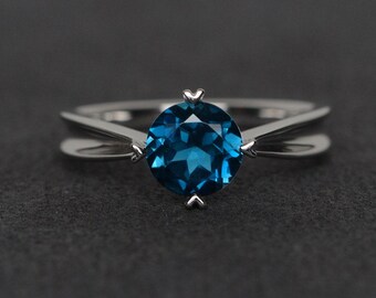 London blue topaz ring silver round cut prong setting solitaire ring