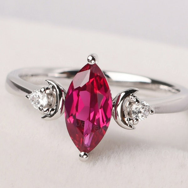 unique ruby ring sterling silver marquise cut moon promise ring July birthstone ring