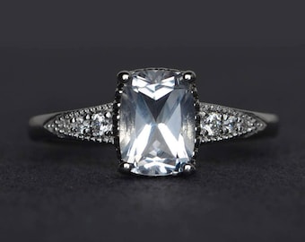 white topaz ring cushion cut engagement ring promise ring sterling silver ring gemstone ring