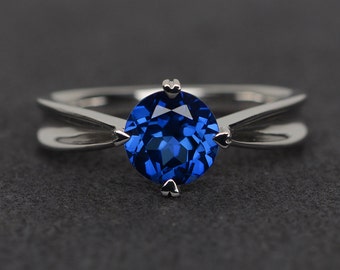 blue sapphire ring round cut prong setting silver promise ring blue gemstone ring September birthstone ring engagement ring