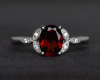 natural garnet ring engagement ring January birthstone ring sterling silver ring oval cut gems red gemstone