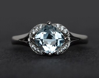 Anillo de aguamarina, anillo de compromiso de plata, anillo de piedra preciosa azul natural, anillo de promesa, piedra de nacimiento de marzo