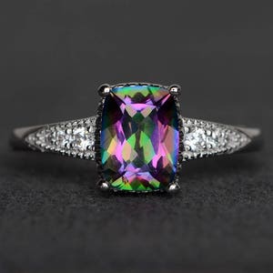 mystic topaz ring cushion cut engagement ring sterling silver ring rainbow topaz gemstone ring