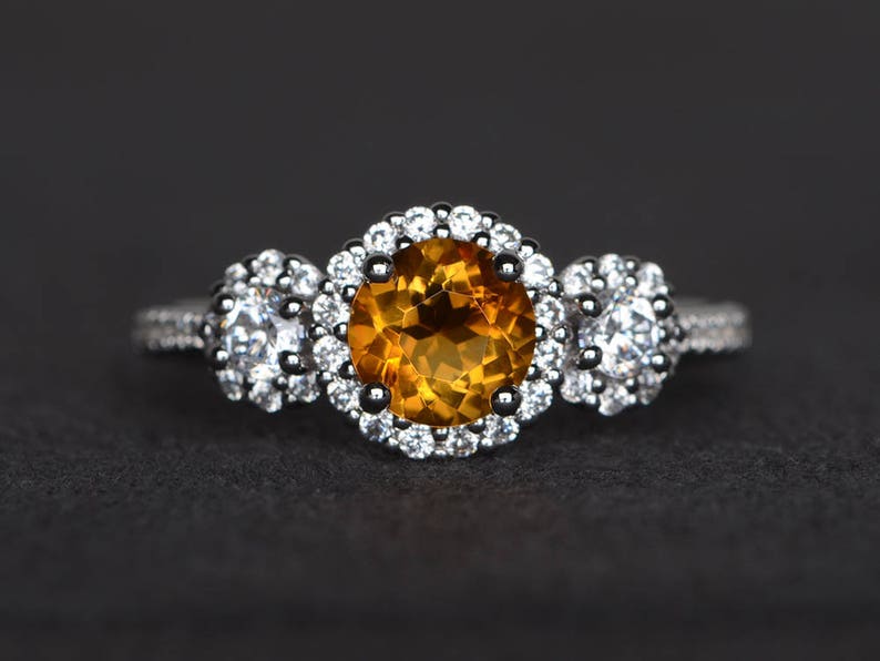 yellow gemstone natural citrine ring engagement ring round cut sterling silver ring November birthstone