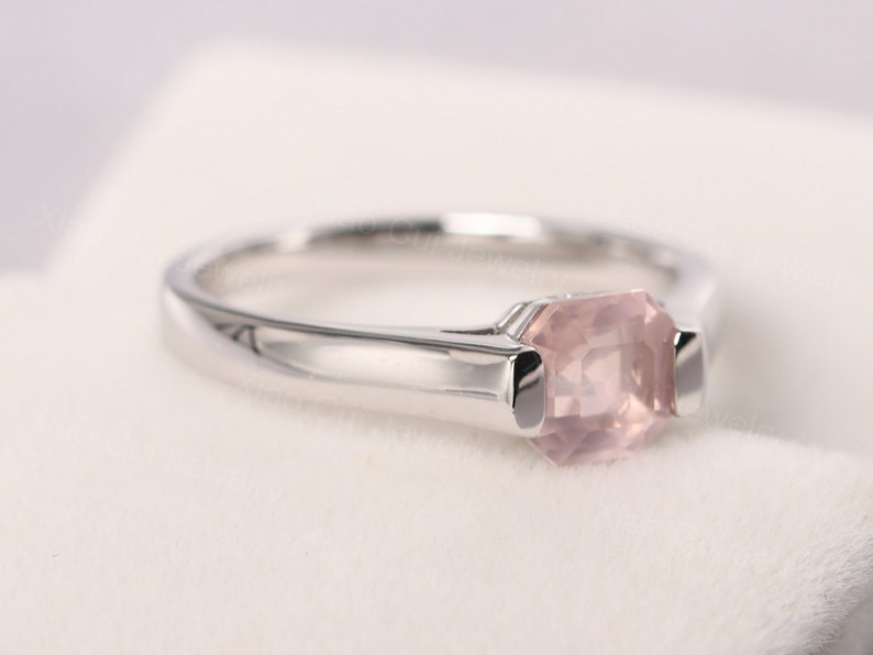 delicate rose quartz ring sterling silver asscher cut 6 mm pink quartz promise ring image 2