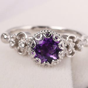 retro amethyst ring sterling silver round cut 7 mm milgrain wedding ring February birthstone ring