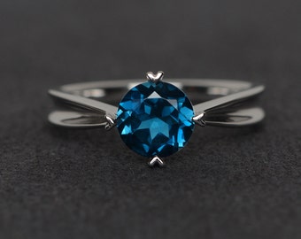 London blue topaz ring silver round cut prong setting solitaire ring