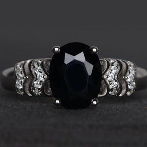 cocktail party ring natural black spinel ring oval cut black gemstone sterling silver ring