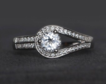 natural white topaz ring promise ring round cut gemstone sterling silver ring